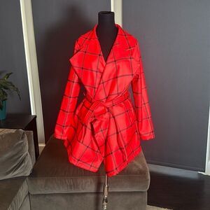 Women’s Red Turn Down Collar Wrap Trench Coat Grid Pattern Belted Size M (*TagL)